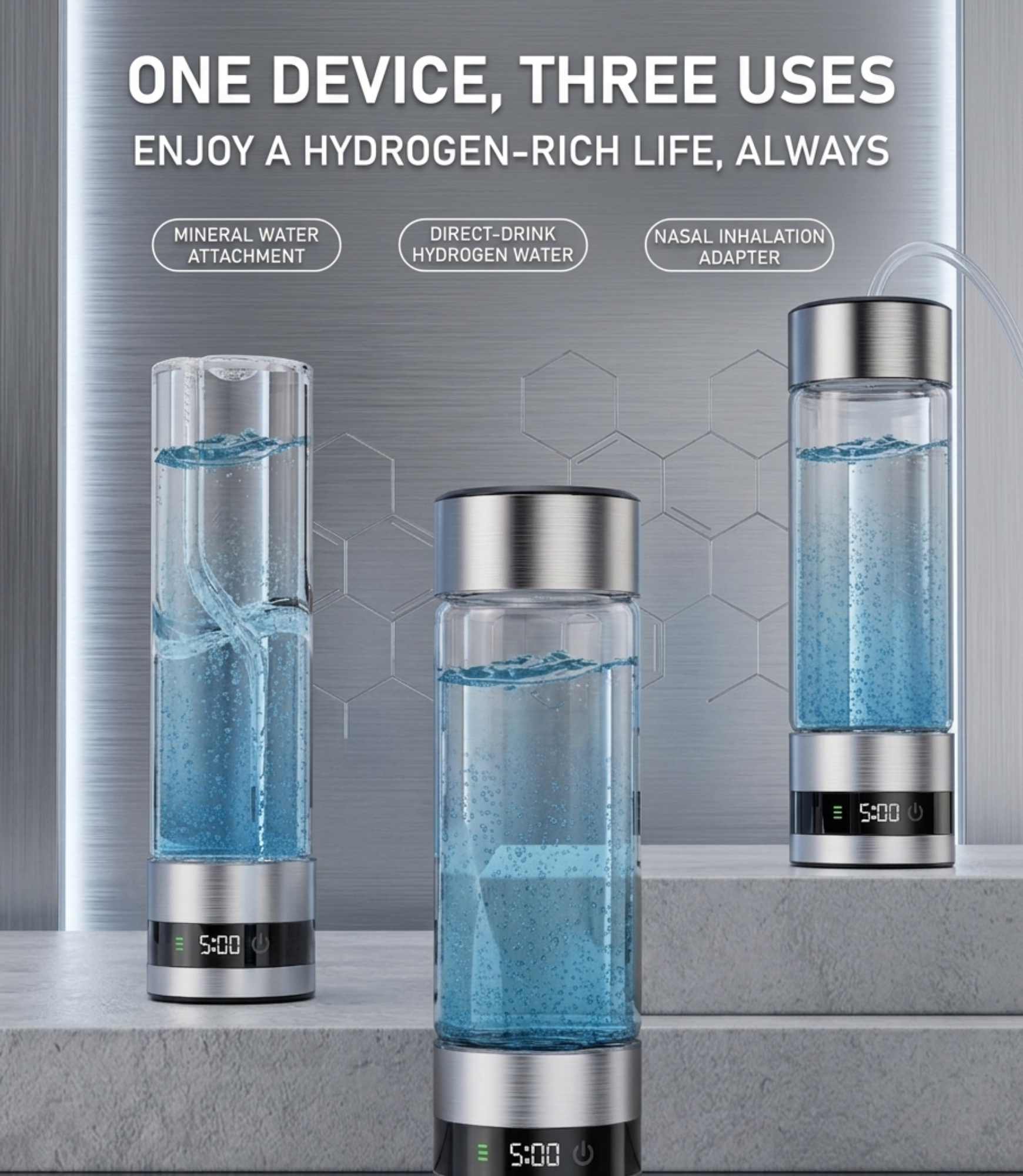Premium Hydrogen Water Bottle | 3-in-1 SPE PEM Electrolysis Generator