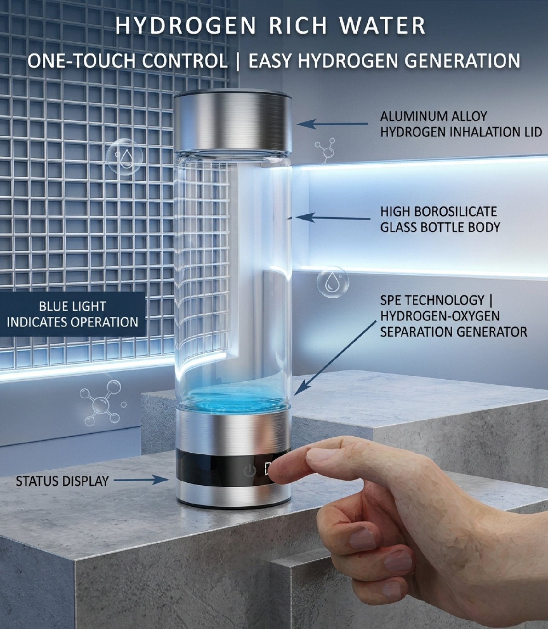 Premium Hydrogen Water Bottle | 3-in-1 SPE PEM Electrolysis Generator
